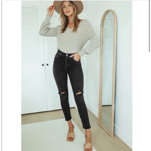 AGOLDE Nico High Rise Slim Fit Jeans in Cassette 25 Black Distressed - Picture 2 of 13